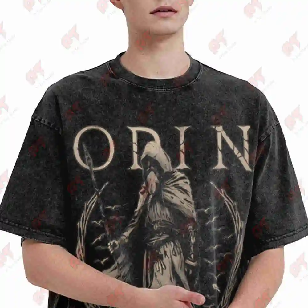Viking Norse Odin Gungnir Heavyweight Vintage Washed Tee Pure Cotton T-Shirt