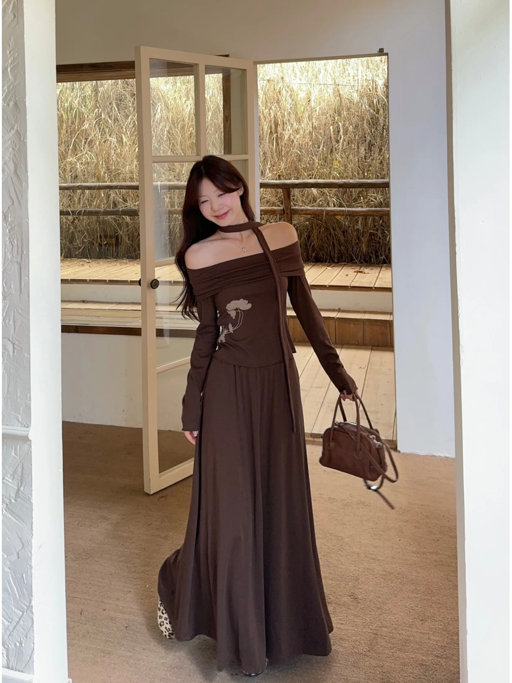 

plus Size Fashion Set Floral Print One Shoulder Top Mid-Length A-Line Skirt Korean Style Loose Fit High Waist Autumn Wear