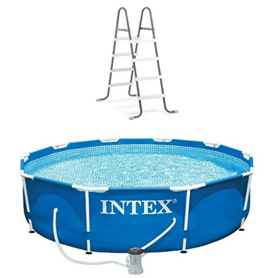 Above ground pool set: 10ft x 30in round metal frame, steel construction, gray, includes 330 GPH filter pump, Type H cartridge,