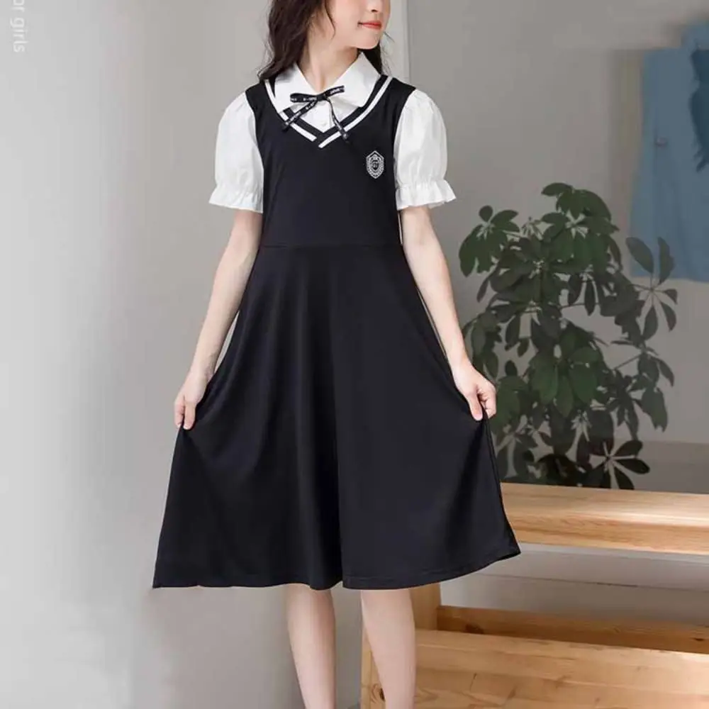 

Sweet Pleated Fake Two Pieces Dress Bow Short Sleeve Summer Kids Dresses Teenagers Beach Vacation Children A-line Skirt Beach