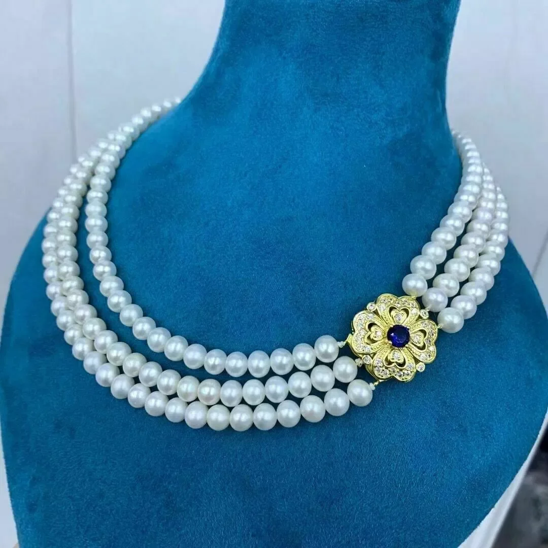 

Triple strands AAA 8-9mm south sea round white pearl necklace 18"19"20" 925s