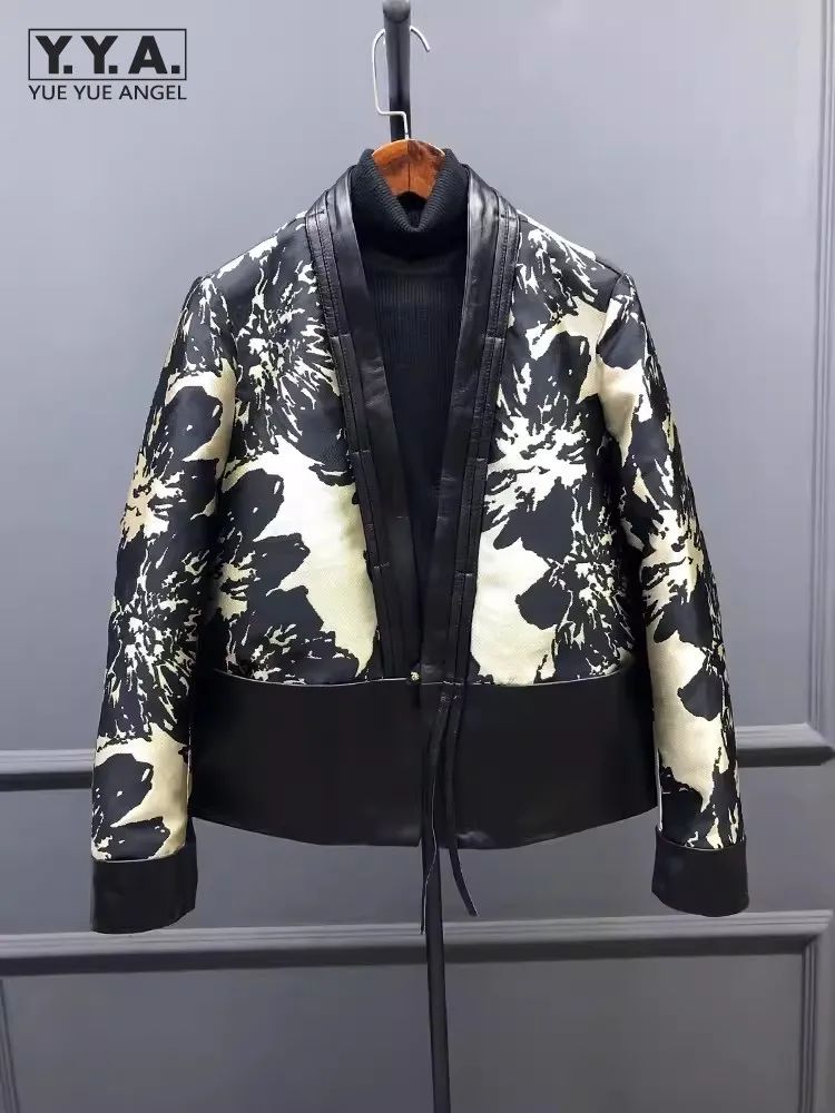 Neue chinesische Art gedruckt Patchwork elegante Frauen Schaffell Echt lederjacke V-Ausschnitt Frühling Herbst Büro Damen Kurz mantel