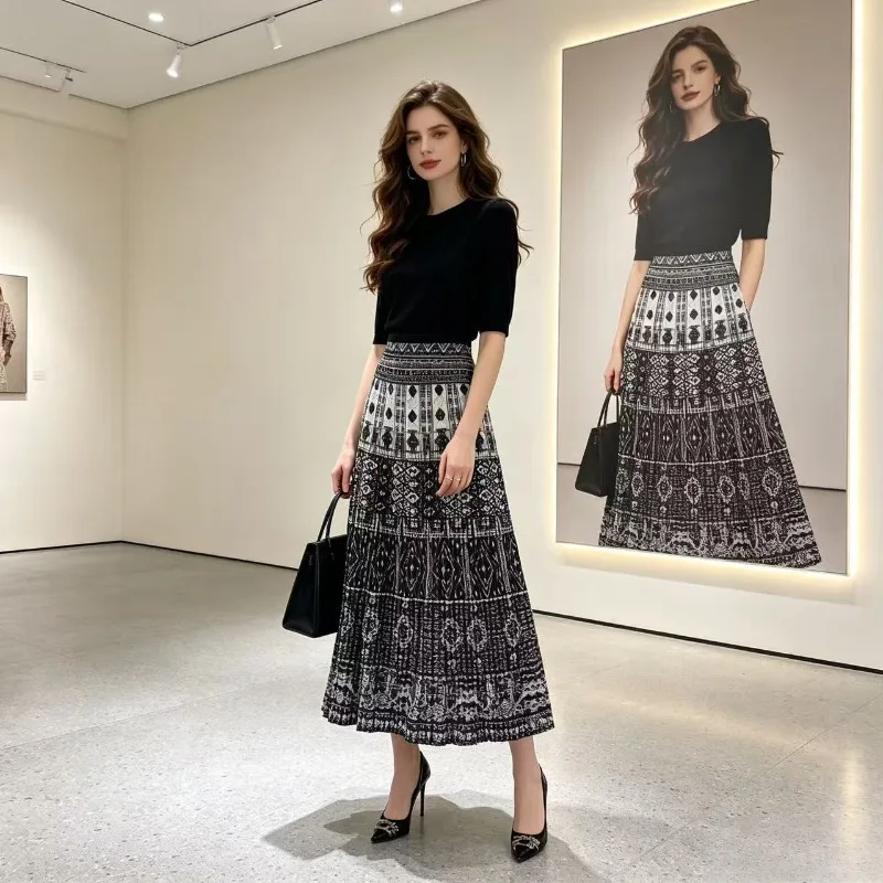 Miyake Pleated Original French Print Midi Skirt for Women 2026 Summer Pleated Niche Design High Waist Flared Skirt for Women
