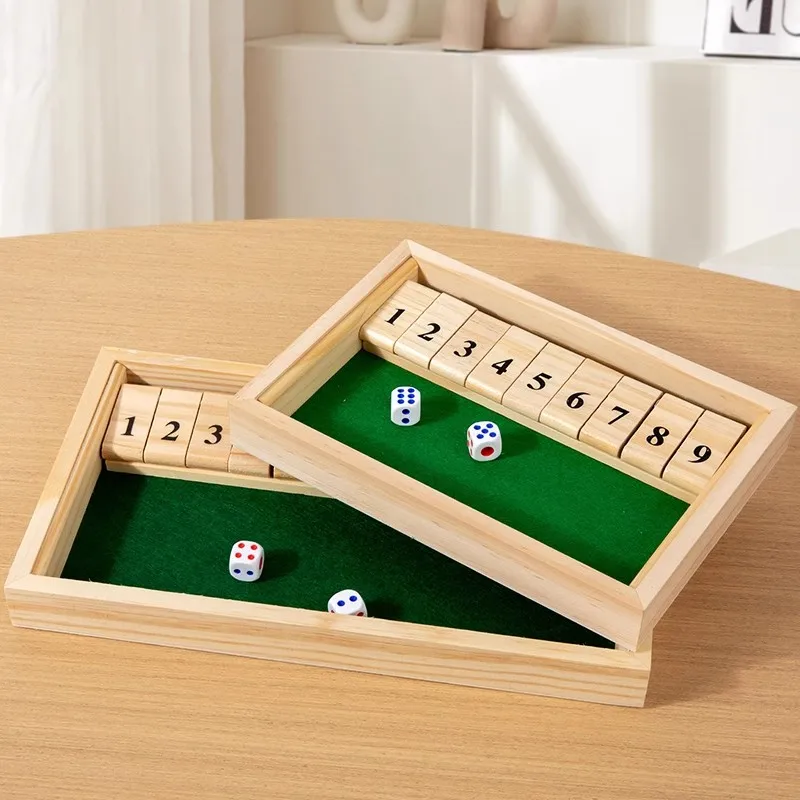 Shut The Box-Spiel – Zahlenbrettspiel aus Holz mit zwei Würfeln, tragbares Reise-Familien-Partyspiel für Erwachsene und Jugendliche, Strategiespiel