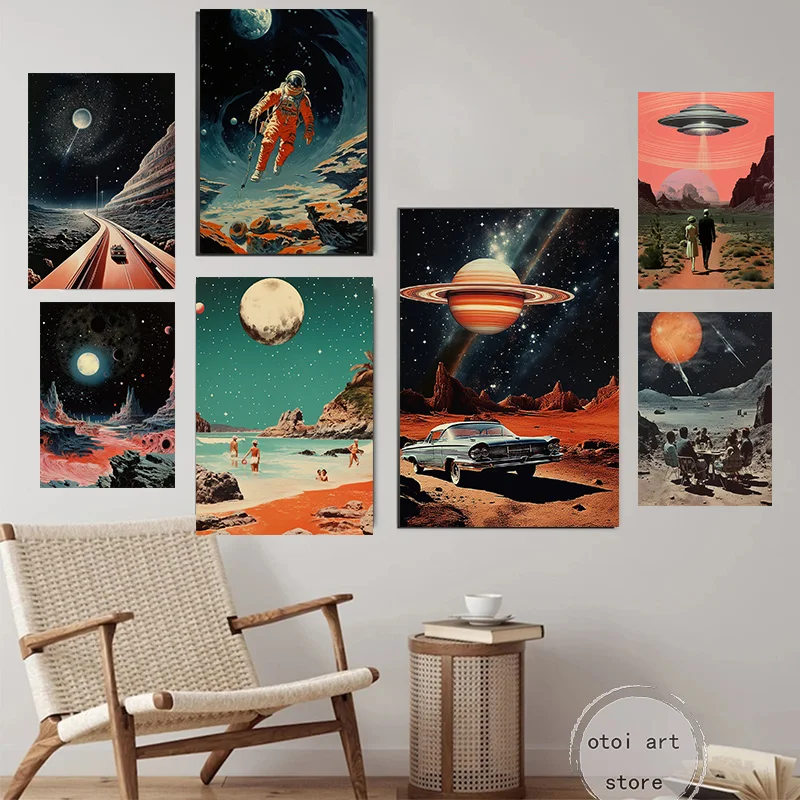 Retro Futurism Surrealism Space Art Astronaut Sci Fi Art Poster Canvas Painting Wall Prints Picture for Living Room Home Decor