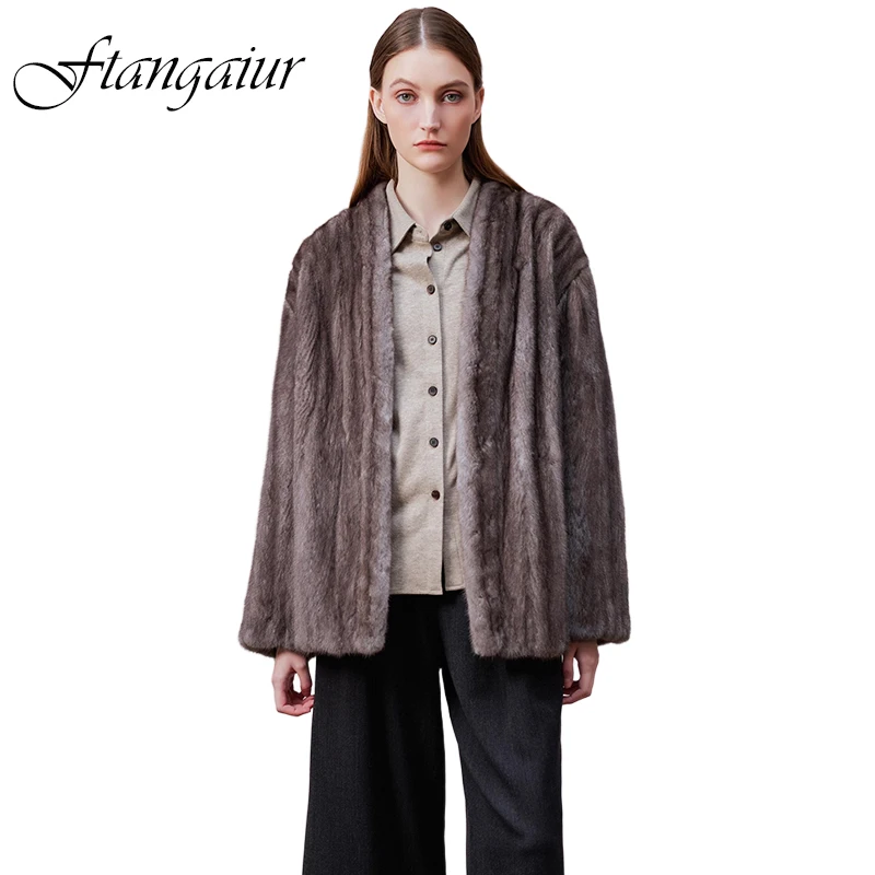 

Зимнее импортное пальто из натурального меха норки Ftangaiur, роскошное, с V-образным вырезом, короткое, для женщин