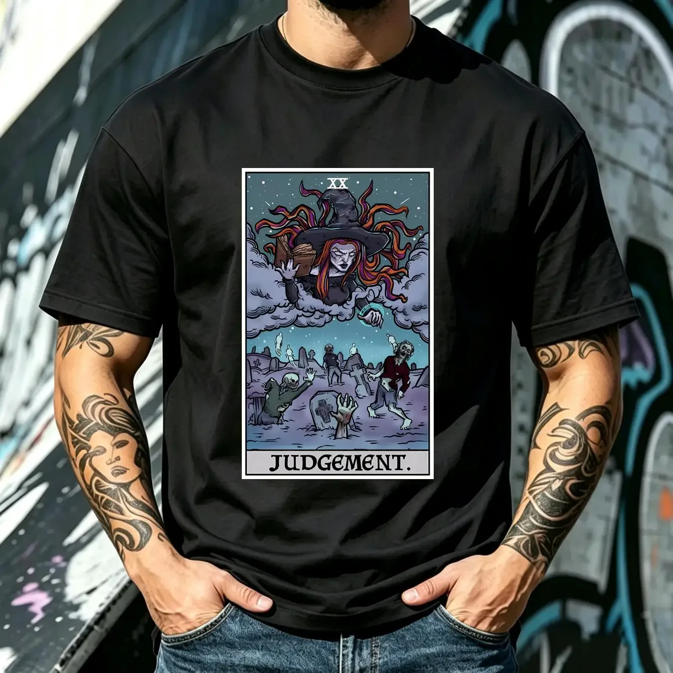 washed T Shirt Judgement Tarot Card Halloween Witch Witchcraft Necromancy Zombie Gothic long or short sleeves vintage Washed