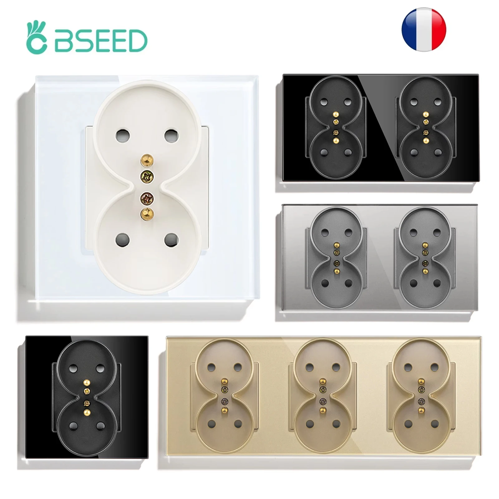 Prise murale BSEED avec prises doubles prises de courant prise française panneau en verre cristal 250v 16A