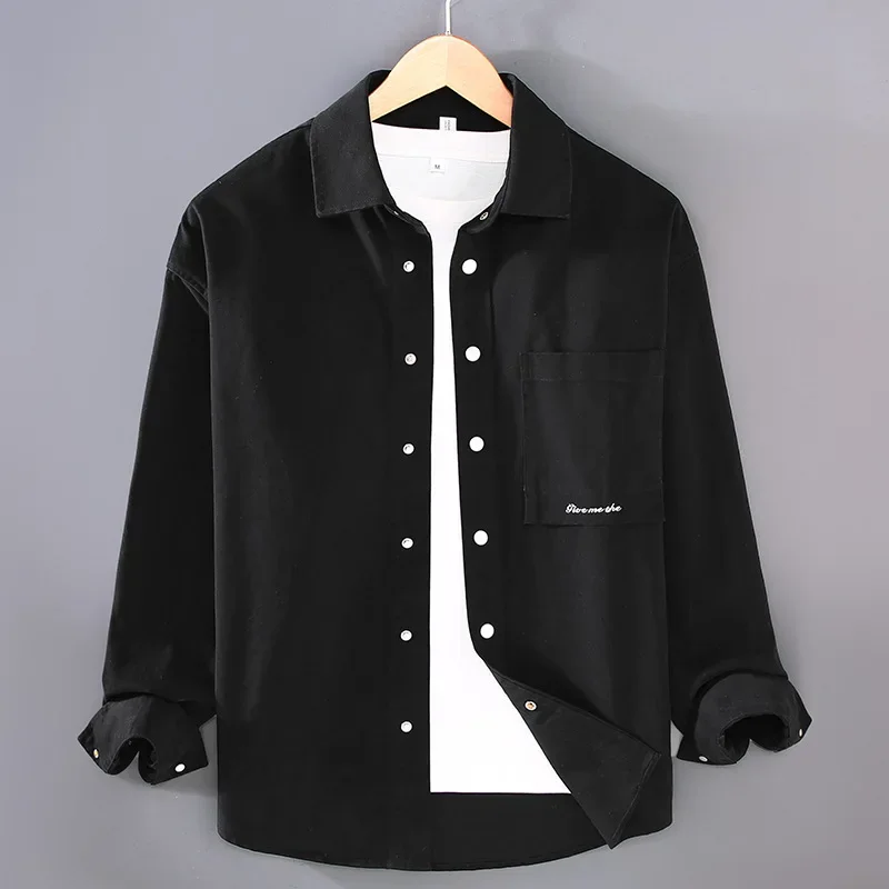 

Свободные рубашки для мужчин Корейская модная мужская одежда Осенний повседневный топ из чистого хлопка Новая черная рубашка с длинным рукавом Мужская рубашка на кнопках