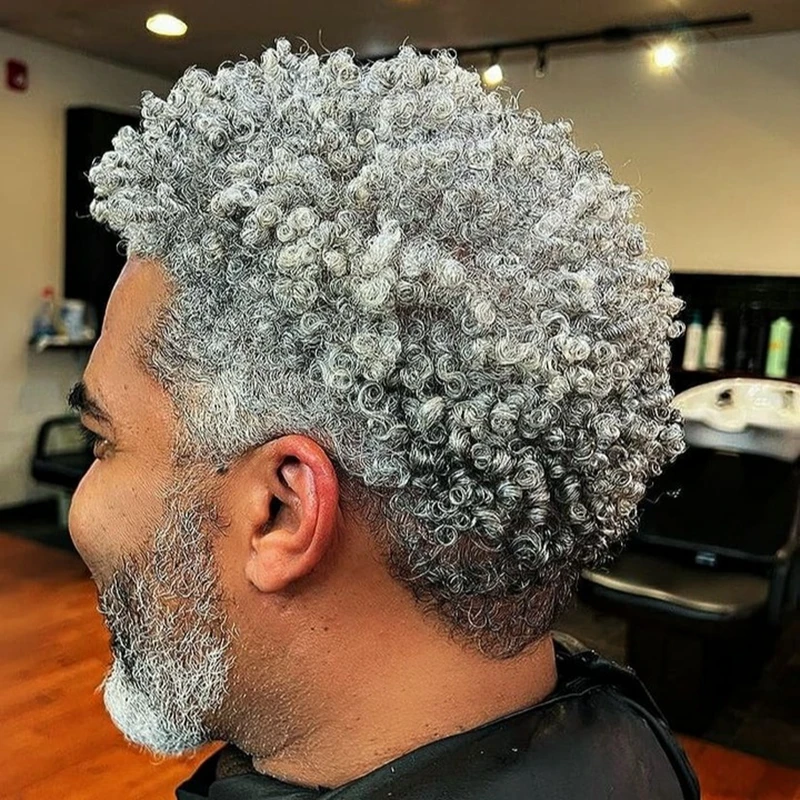 1B80 1B65 Grey Hair Full Skin Base Men Toupee 15mm Curly Human Hair Male Replacement System Afro Hairstyle For Black Men