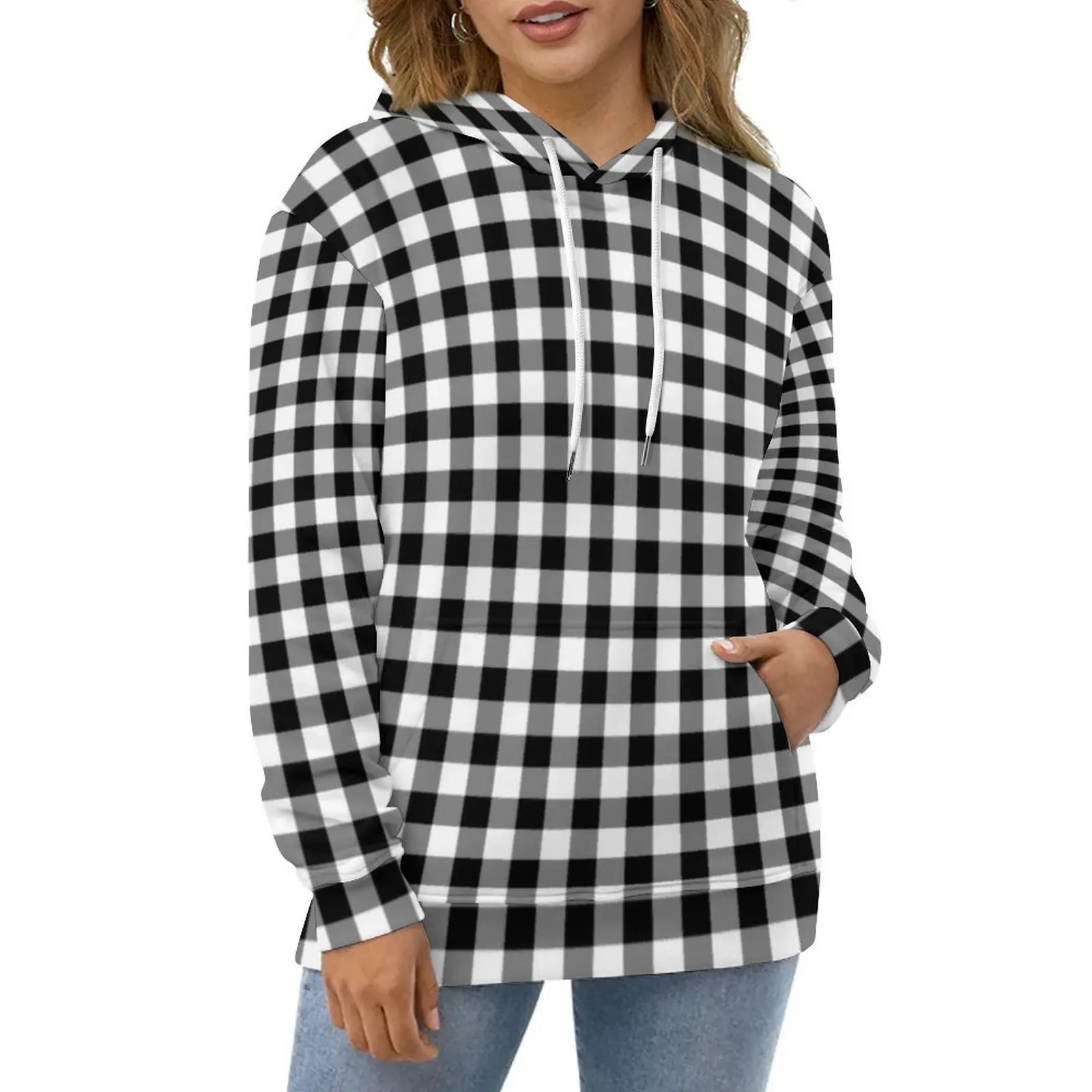 

Black And White Plaid Casual Hoodies Gingham Checks Y2k Hoodie Unisex Long Sleeve Street Wear Graphic Loose Oversized Tops