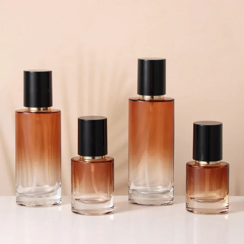 

30ml 40ml 100ml Gradient Coffee Glass Lotion Spray Bottle Gold Pump Shiny Black Lid 50G Empty Flat Round Skincare Cream Jars