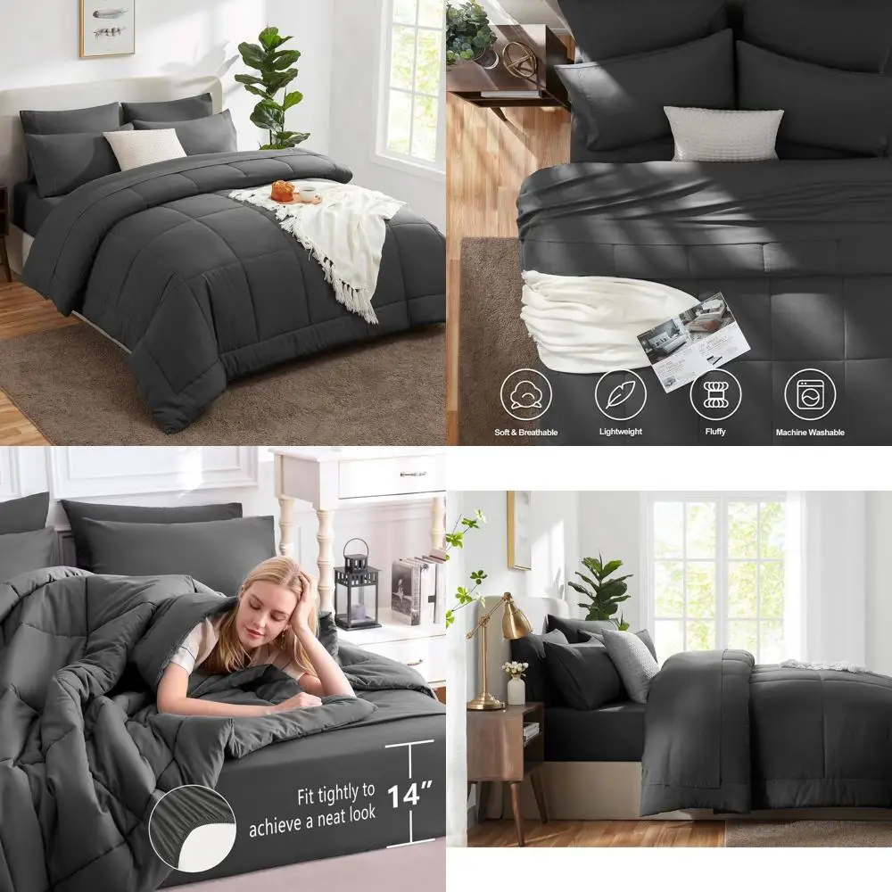 

7-Piece Dark Grey California King Bedding Set: All-Season Quilted Comforter, Sheets, Pillowcases