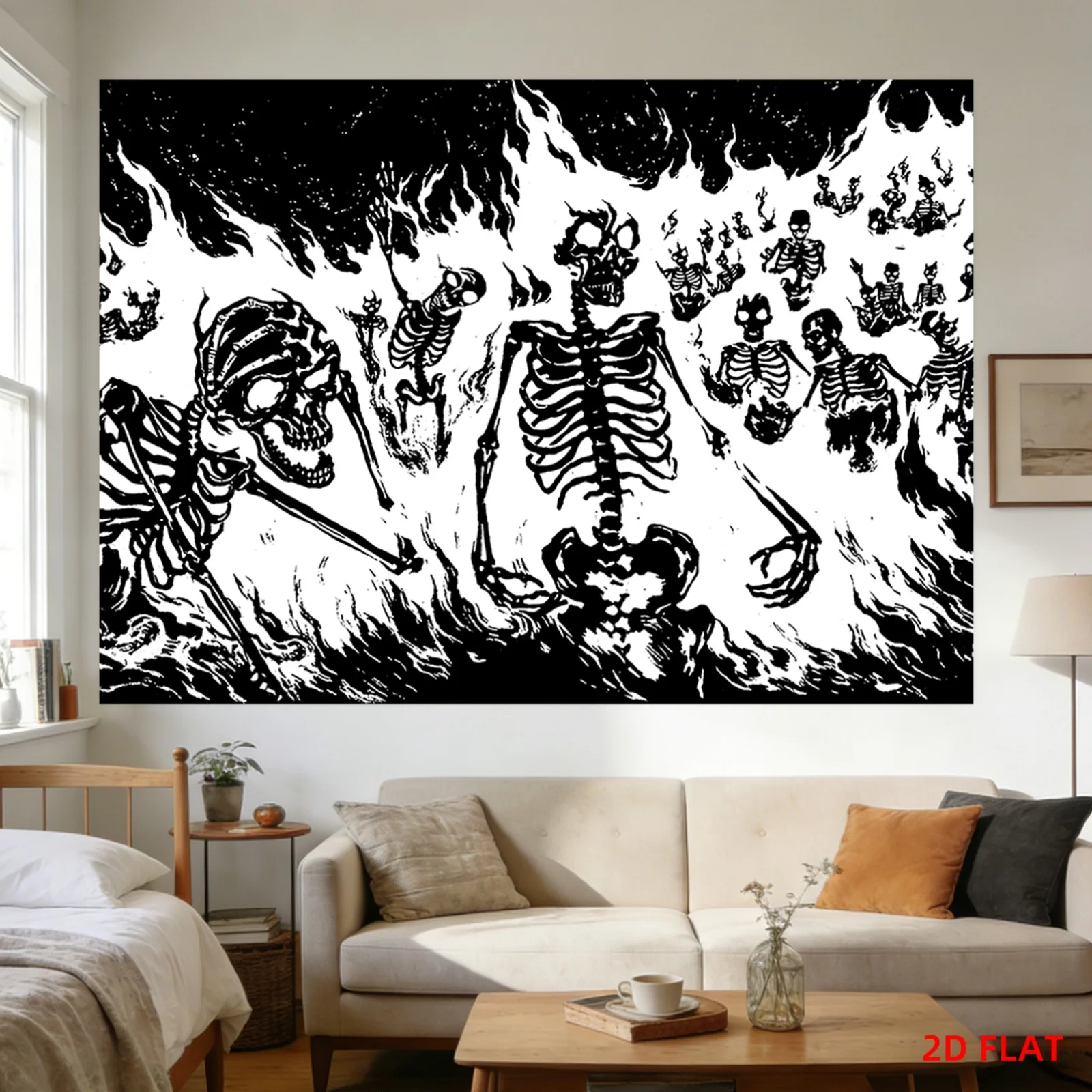 VIKAMA Dark Skull Flame Hanging Cloth Tapestry, Black White Comic Style Hell Skull Wall Art for Home Decor