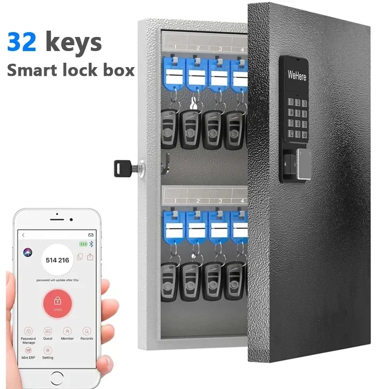 

WeHere 32 Key Lock Box, Intelligent Wall Mounted Key Storage Cabinet,OTP/APP Bluetooth/fixed Code Unlocking Key Management Safe