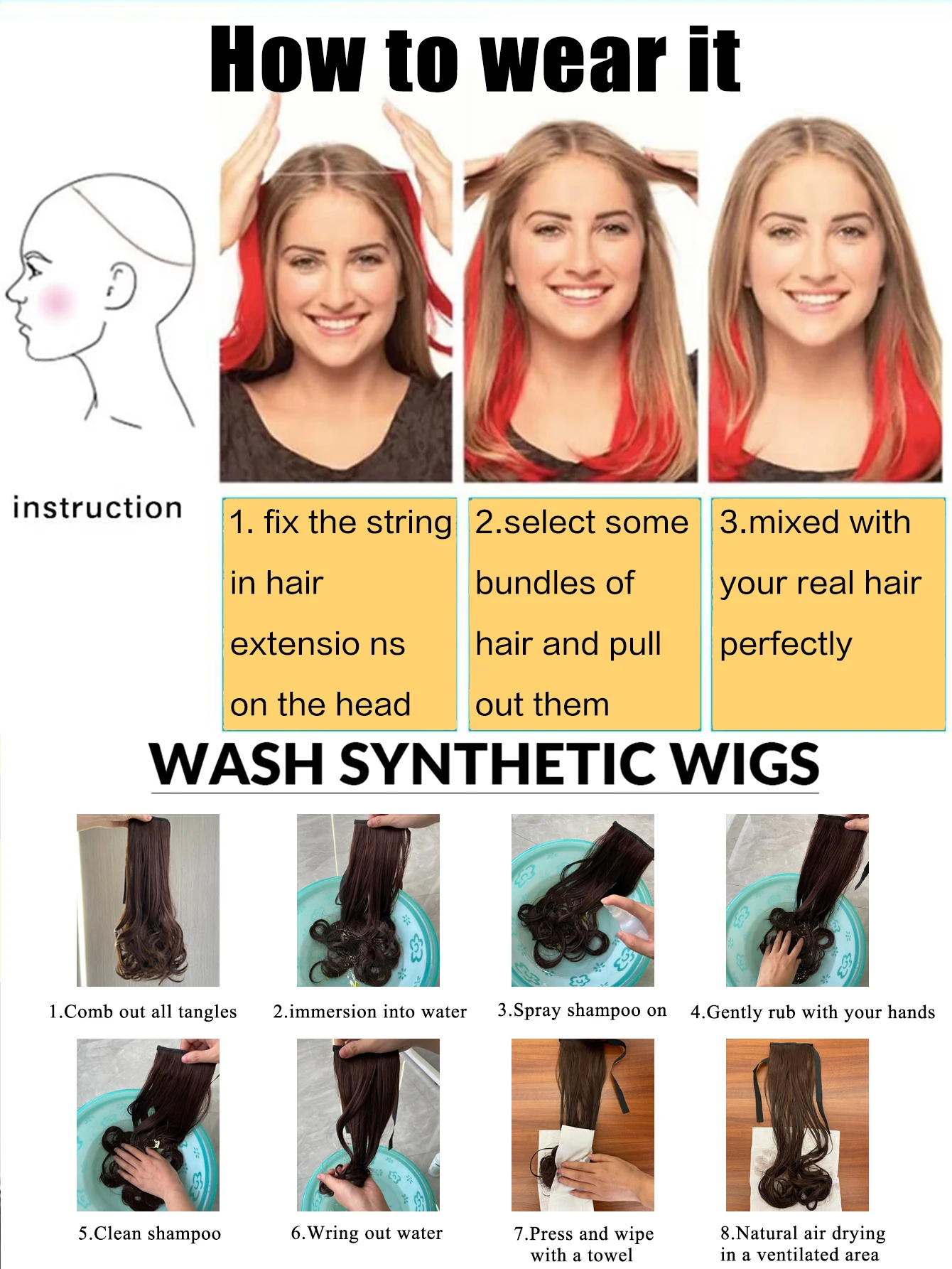 Extensões invisíveis sintéticas do cabelo do fio para mulheres, peixes linha hairpieces, nenhuns grampos, cabelo falso, 24"