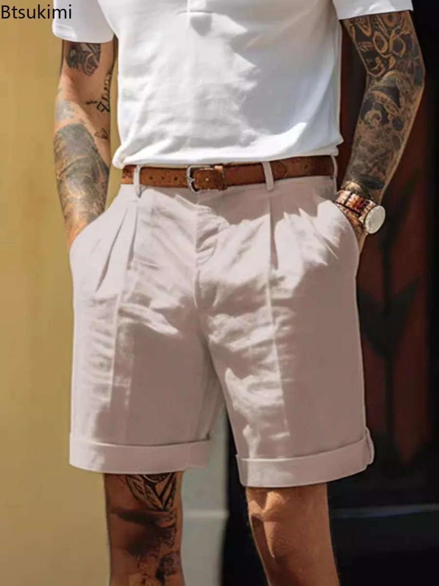 Summer Fashion Solid Cotton Linen Shorts for Men Breathable Pleated Loose Casual Straight Shorts Men Daily Versatile Short Pants