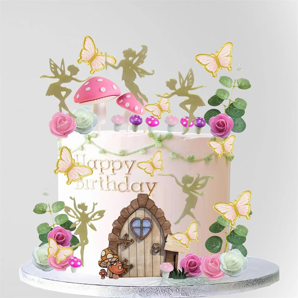 39pcs Fairy Cake Toppers Golden Fairy Butterfly Cake Toppers Mushroom Cake Toppers Girls Birthday Baby Shower Party Supplies