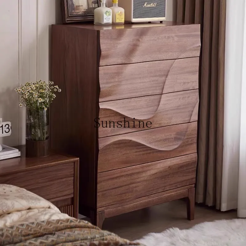 

Medieval black walnut wavy pattern five buckets solid wood living room bedroom storage cabinet
