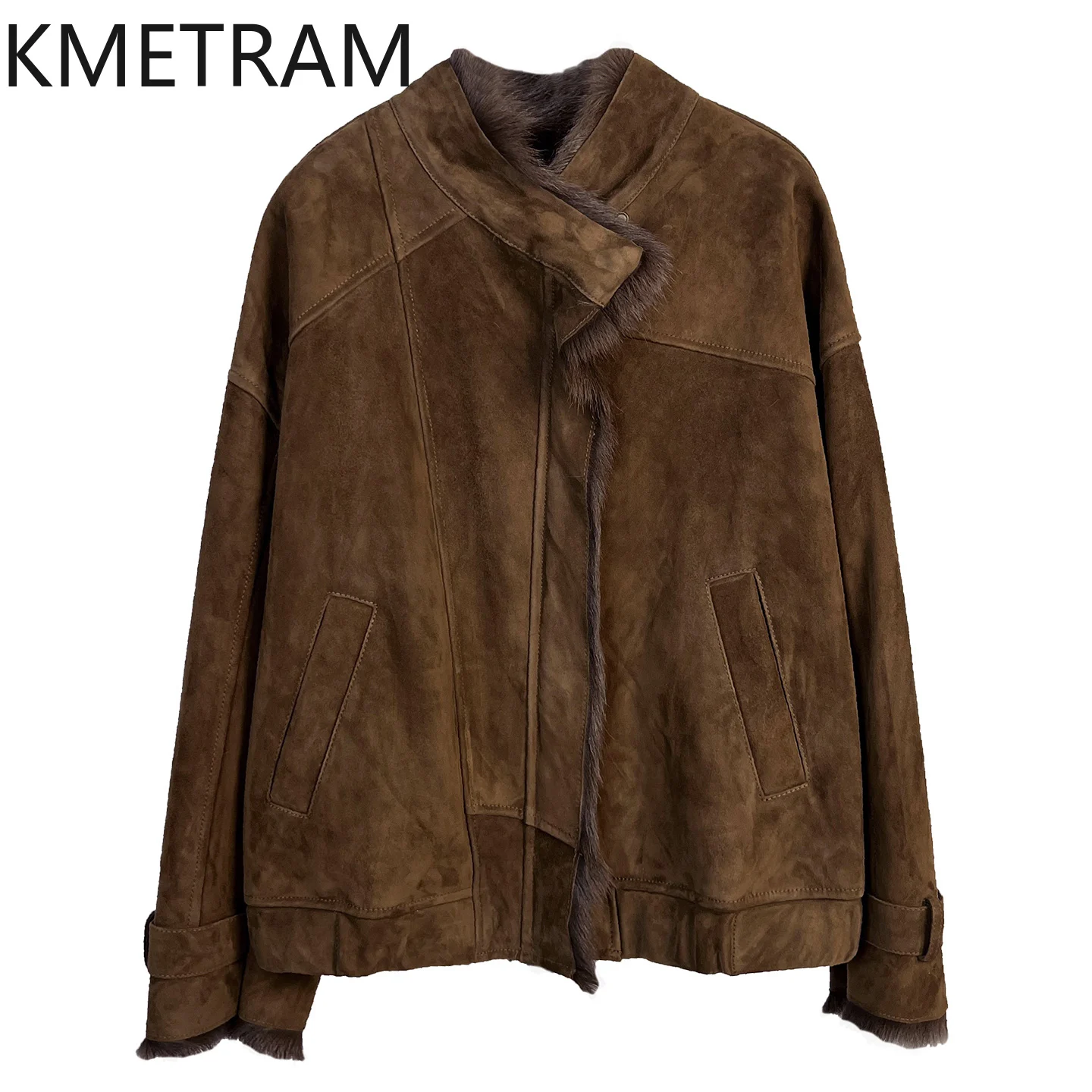 معطف KMETRAM من جلد الماعز الطبيعي مع معطف مرفق من الصوف سترة قصيرة غير رسمية من الفرو الحقيقي ملابس نسائية شتوية جديدة في معاطف شبابية نسائية #5