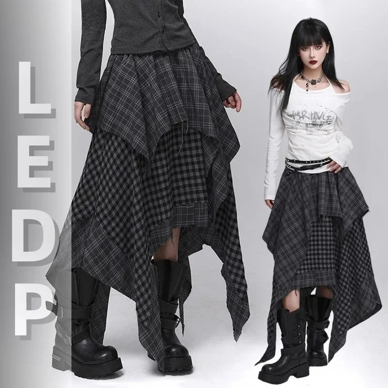 IMU Acubi Fashion Plaid Asymmetrical Skirt Alt Goth Elastic Waist Stitch Raw Edge Long Flowy Skirt Plus Size Women Bot