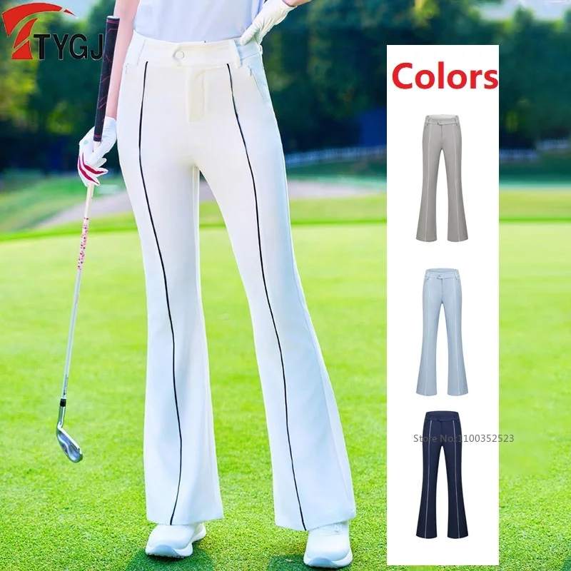 TTYGJ Women Slim Golf Pants Striped Flared Long Pants with Zipper Pocket Ladies Elastic High Waist Sports Trousers XS-XL