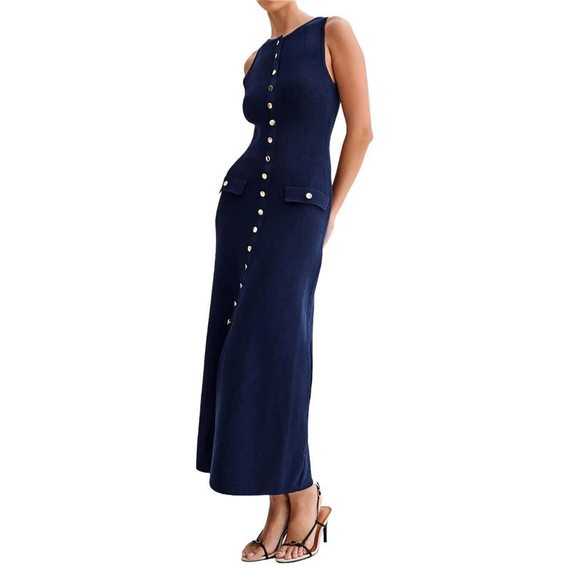 ABP-Damen Sommer ärmelloses einreihiges Strick-Maxikleid mit Schlitz, Rundhalsausschnitt, langer Pullover, figurbetontes Kleid