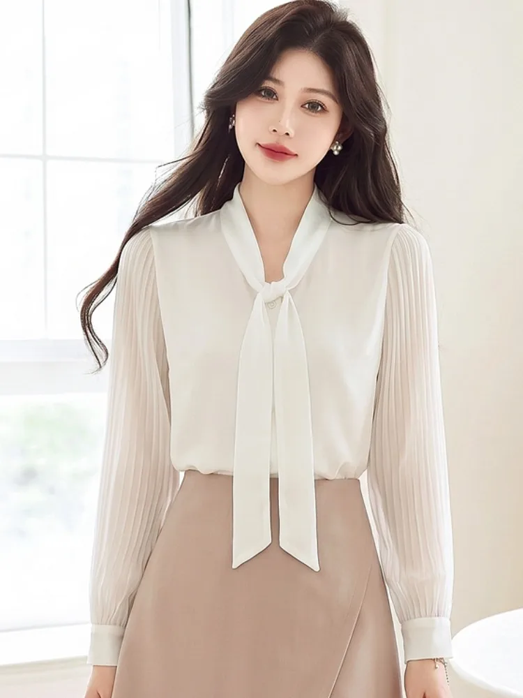 White Knot Chiffon Shirt Women's Long Sleeve Office OL Goddess Style Shirt New Arrival Small Shirt Straight Cut But...