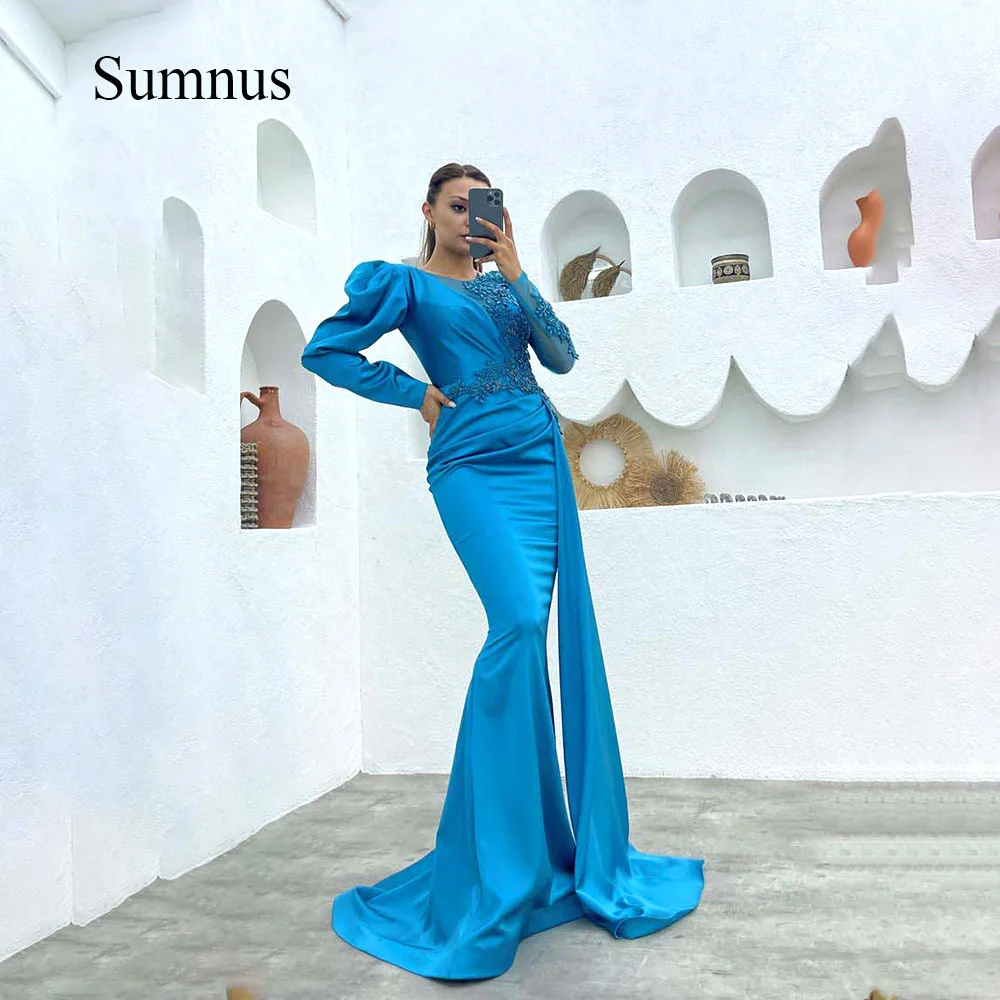 

Sumnus Blue Mermaid Arabic Evening Dresses Appliques Long Sleeve Solid Soft Satin With Train Prom Party Gowns Dubai Formal Dress