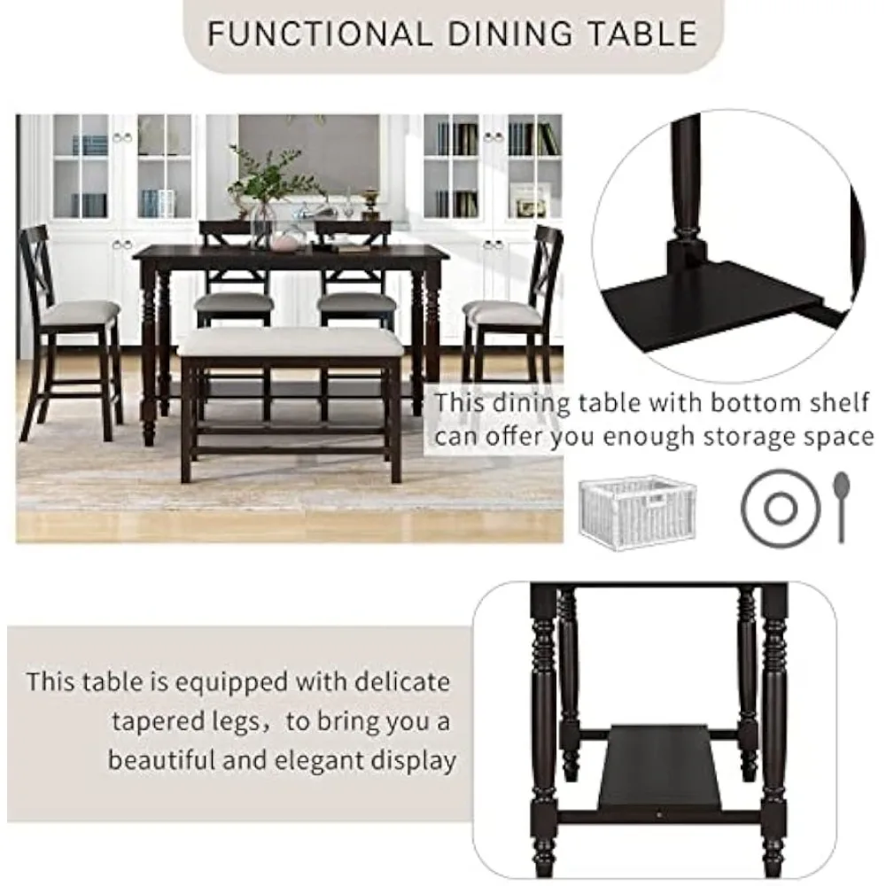 Conjunto de mesa de jantar de 6 peças, mesa de jantar retangular de madeira com altura externa com 4 cadeiras e um banco, conjunto de jantar moderno para 6 pessoas