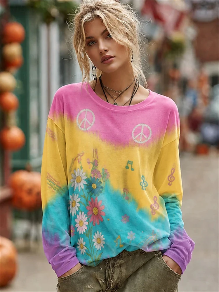 Women's Long-Sleeve T-Shirt New for Autumn 2026 Stylish Ombré Design Daisy Peace Sign Tie-Dye Print Bohemian-Style Top