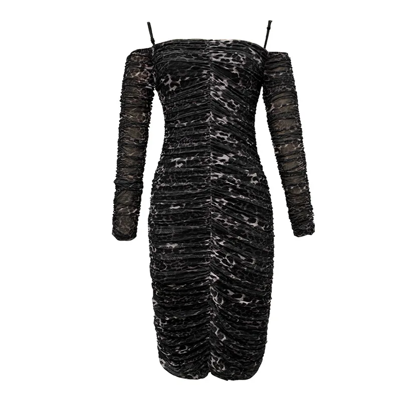 秋の新作レディース服セクシーなワンワードカラーオフショルダースリムフィットプリーツヒップラップレオパード柄ワンピース