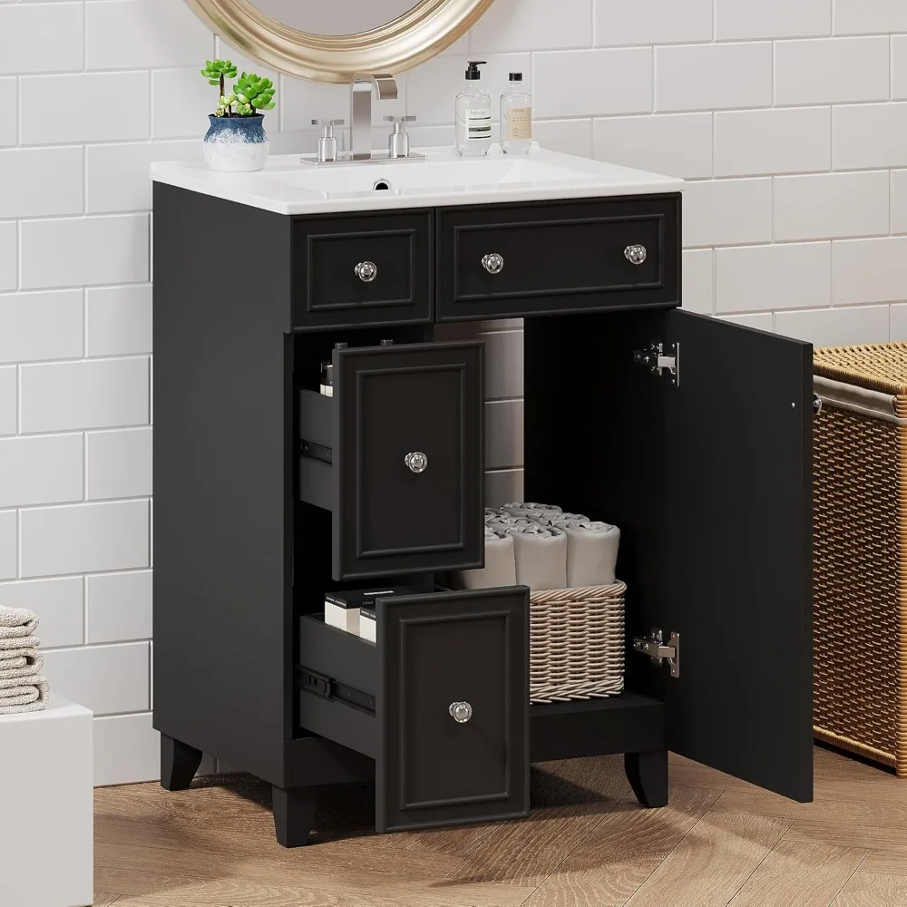

24 Inch Bathroom Sink, Standalone Single Basin Sink Set with Two Drawers and One Door, Modern Solid Wood Bathroom Cabinet