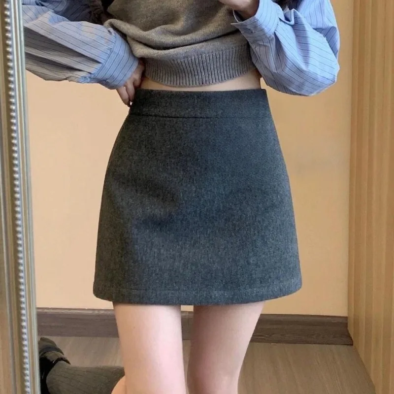 

Юбка из синтетической шерсти с высокой талией, уличная одежда, повседневная мини-юбка, новинка осени и зимы, однотонная, простая смешанная юбка