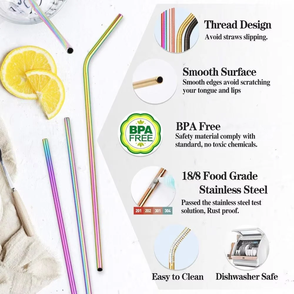 UPORS Reusable Drinking Straw 304 Stainless Steel Straws Straight Bent Metal Straw with Cleaner Brush Pouch Wholesale