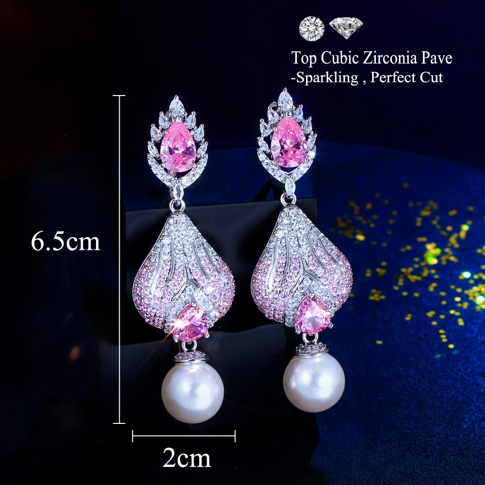 CWWZircons Luxury Chunky Pink Cubic Zirconia Pave Long Dangle Drop Pearl Huggie Earrings for Women Festival Party Jewelry CZ976