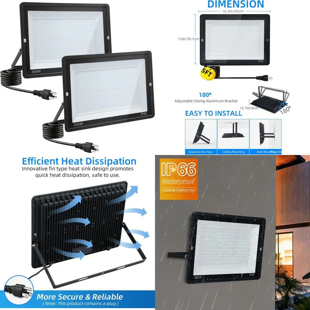 

Мощный светодиодный уличный прожектор 300 Вт, 30000 лм, IP66 водонепроницаемый, 6500K дневной белый свет, подходит для двора, гаража, сада и