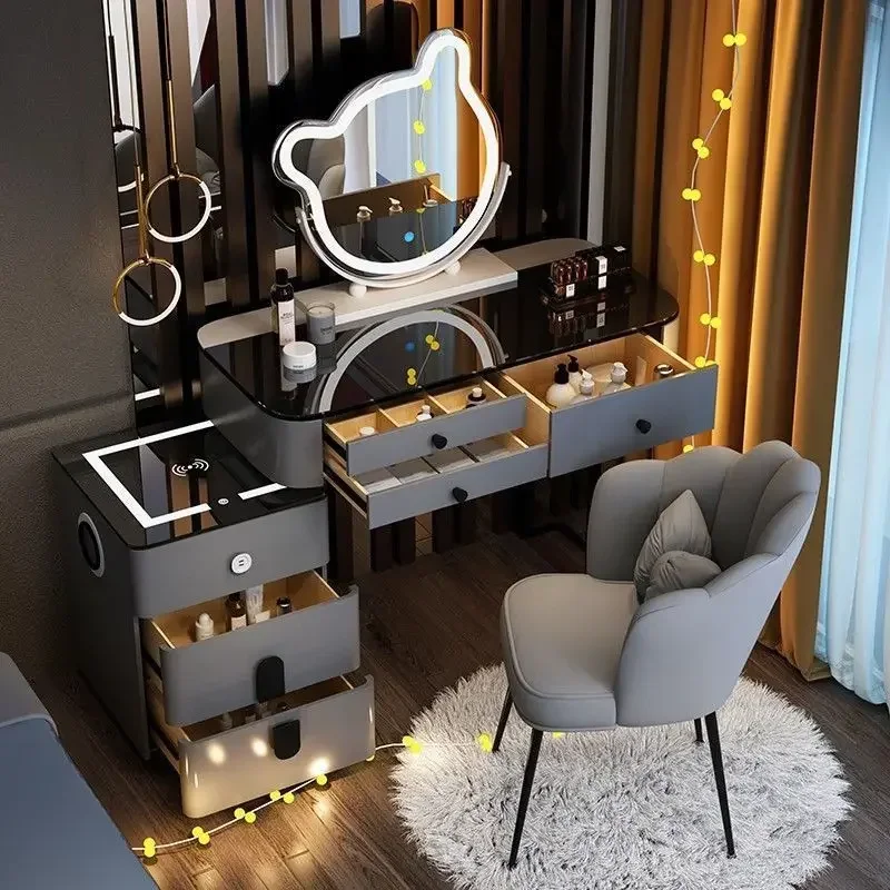 Luxury Dressing Table with Smart Wireless Charging Nordic Vanity Bedroom Multifunctional Makeup Table with Sound Bear Led Mirror