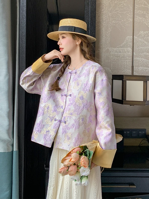 

Новая китайская женская блузка с фиолетовым принтом, весна 2025, уникальный красивый топ с круглым вырезом и длинными рукавами на пуговицах