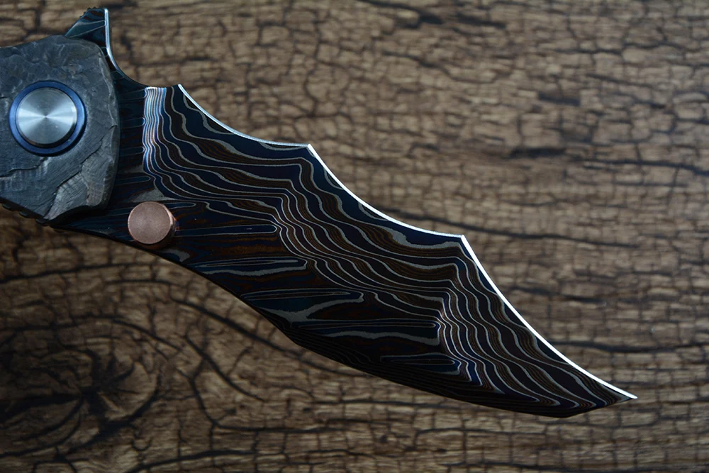 Y-START Folding Knife Damascus Blade TC4 Handle for Outdoor Hunting Survival EDC Gift Collection YF12