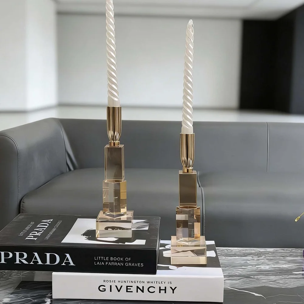 Luxury Gold Crystal Candlestick Set Geometric Block Taper Candle Holder Modern Tabletop Wedding Home Decor Ornament