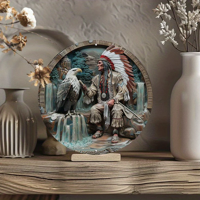 Native American Style Eagle & Indian Aluminum Art Sign - 1pc 8\