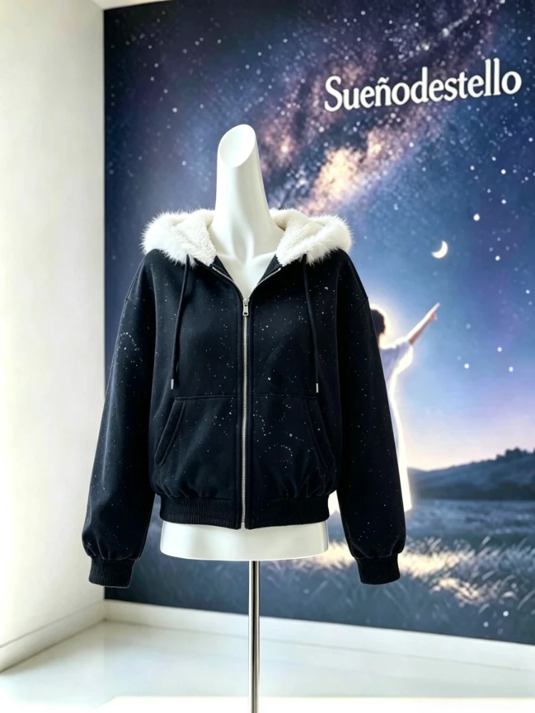 Sweet Kawaii Cat Ear Hood Jacket Faux Fur Lace Trim Cartoon Embroidery Zip Up Cropped Loose Fit Casual Daily Female Clothes 2026