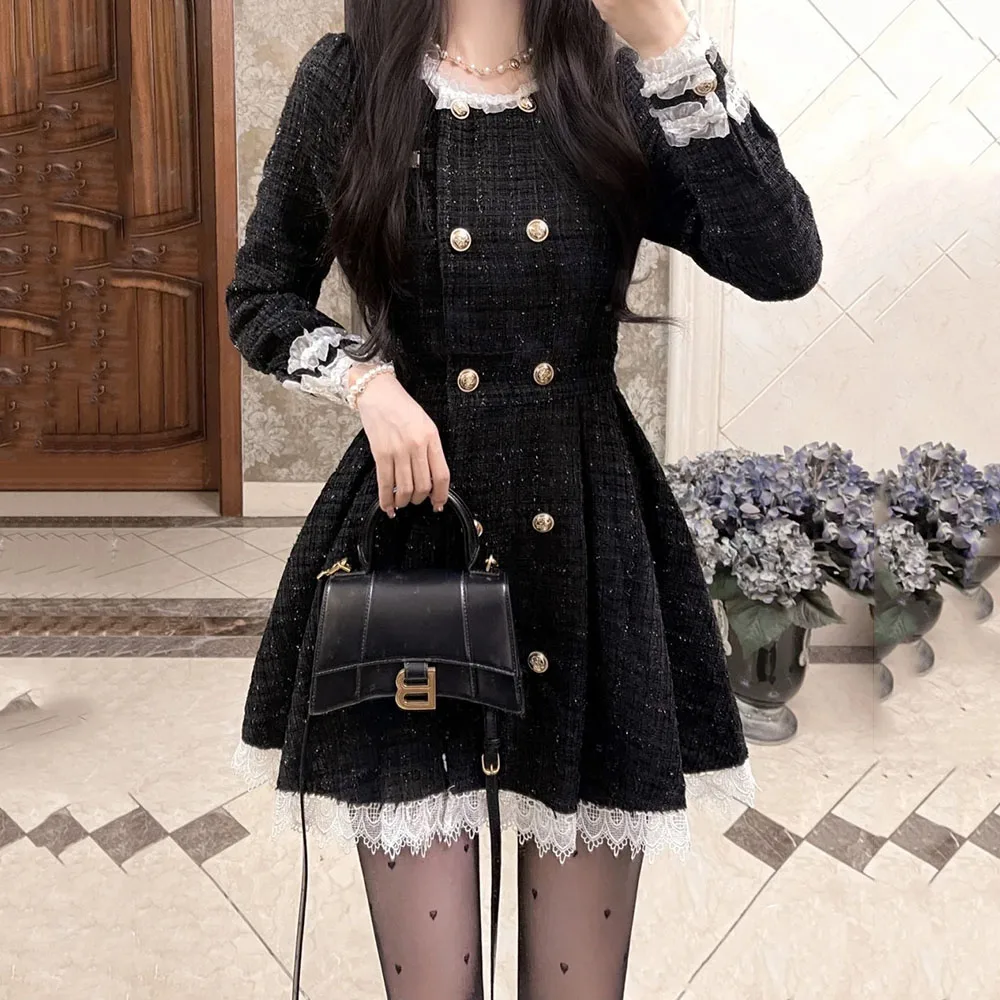 2023 Autumn Vintage Tweed Dress Party Women Casual Elegant Gothic Mini Dresses Lolita Kawaii Clothing One Piece Dress Korean Y2k