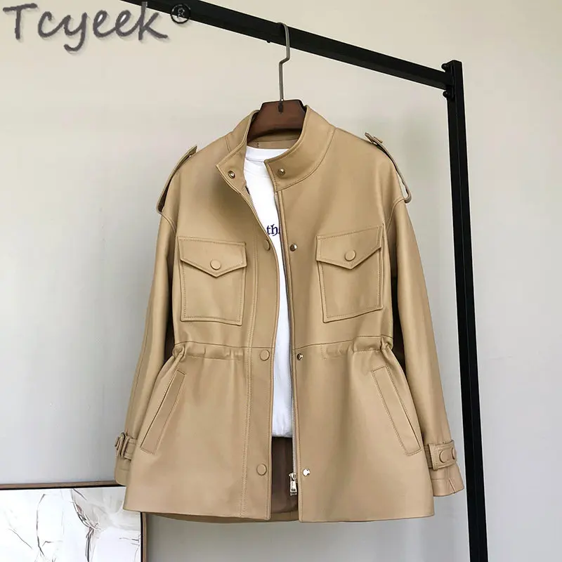 Tcyeek-Chaquetas de piel auténtica para Mujer, abrigos de piel de oveja con cintura pequeña, gabardina informal de primavera, 2023