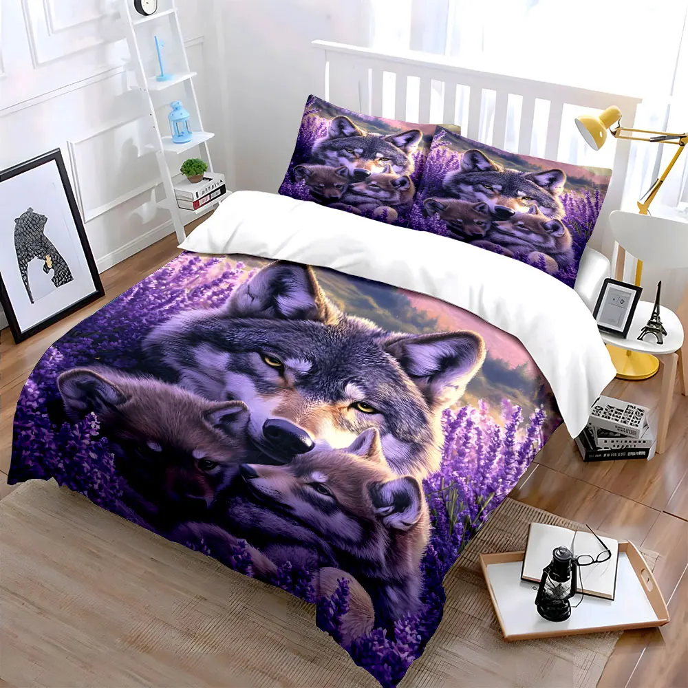 Wolf Family Lavender Artwork Set Multiple sizes kid's and adults' bedroom Exquisite 3PC bedding set, gift