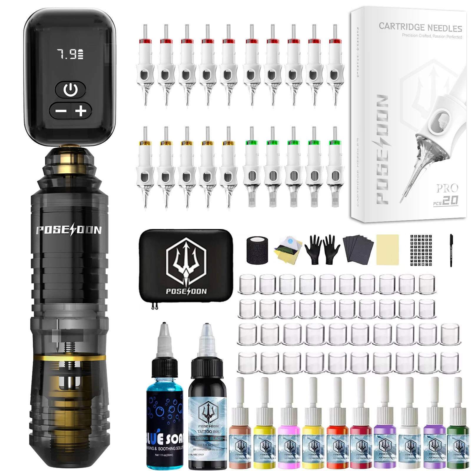 

POSEIDON Tattoo Kit 20 V6 Tattoo Needles Tattoo Pen Kit For Permanent Makeup Tattoo Machine Kit Black Wireless Tattoo Gun Kit