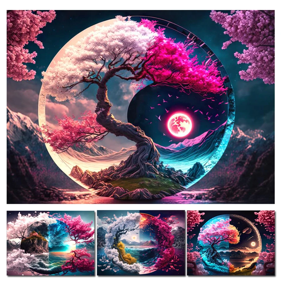 Season Tree 2024 Diamond Painting Cross Stitch Fantasy yinyang Landscape Moonlight Diamond Embroidery Mosaic Diy Gift