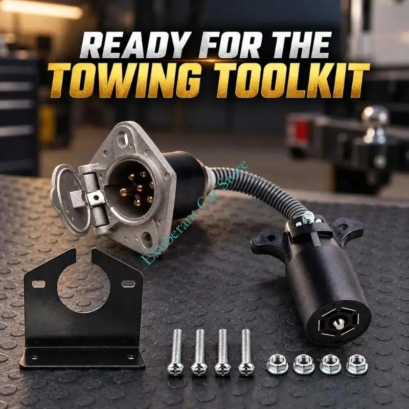 7-Pin Round Trailer Socket Adapter with Short Wire Harness Metal Mounting Bracket Hardware Set for Fixed Socket Positioning