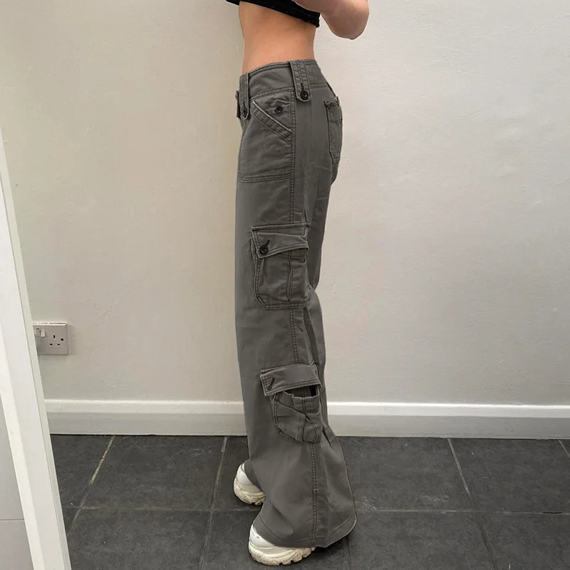 Street retro style irregular large pocket design jeans hot girl straight casual cargo pants women